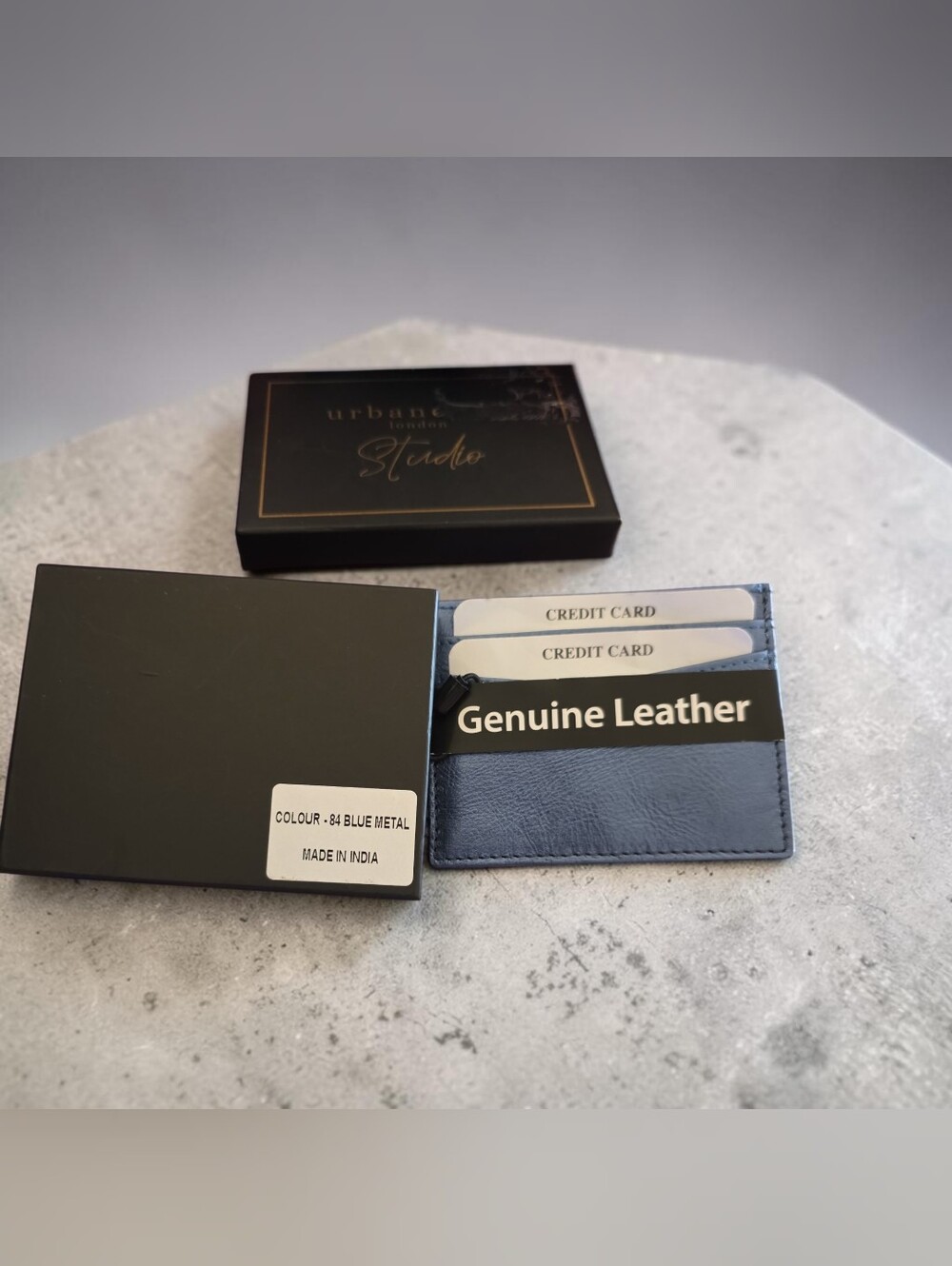 Urbane Blue Metal Genuine Leather Card Holder